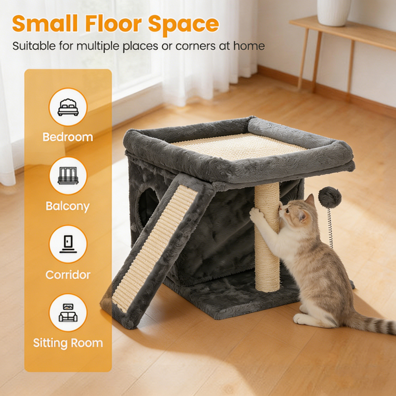 Image of Bed, 20in Pet With Fluffy Ball Hanging And Sisal Scratch Pad, Cat Cave With Large Viewing Perch, Ideal For Senior & Small Cats, High- Fabric-easy Assembly, , Cat Accessorie For Indoor Cat