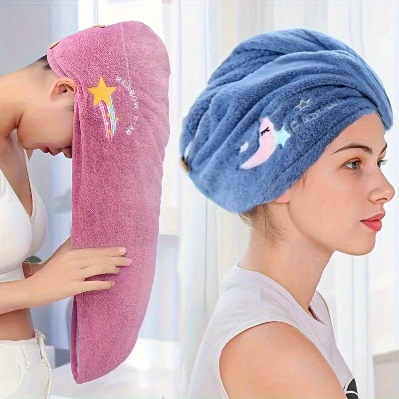 1peça Toalha de cabelo super absorvente e de secagem rápida para mulheres com design de bordado de desenhos animados fofos - Leve, em tecido de fleece coral, 240gsm, perfeita para banho e secagem de cabelo, acessórios de casa de banho, acessórios de banho | Design divertido | Fleece coral macio