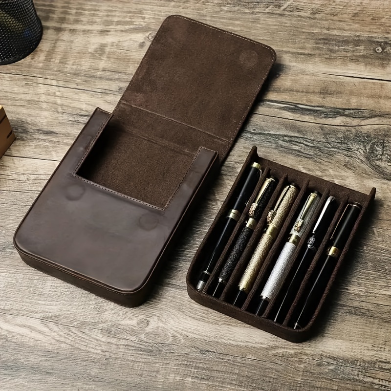 1 Handmade Cowhide Pen Case- Premium Vintage Leather Storage Box, Suitable for Business Men and Women, Office and Pen Organizer, Holds 6 Wearable Pen Holders, Ideal for Gifting
