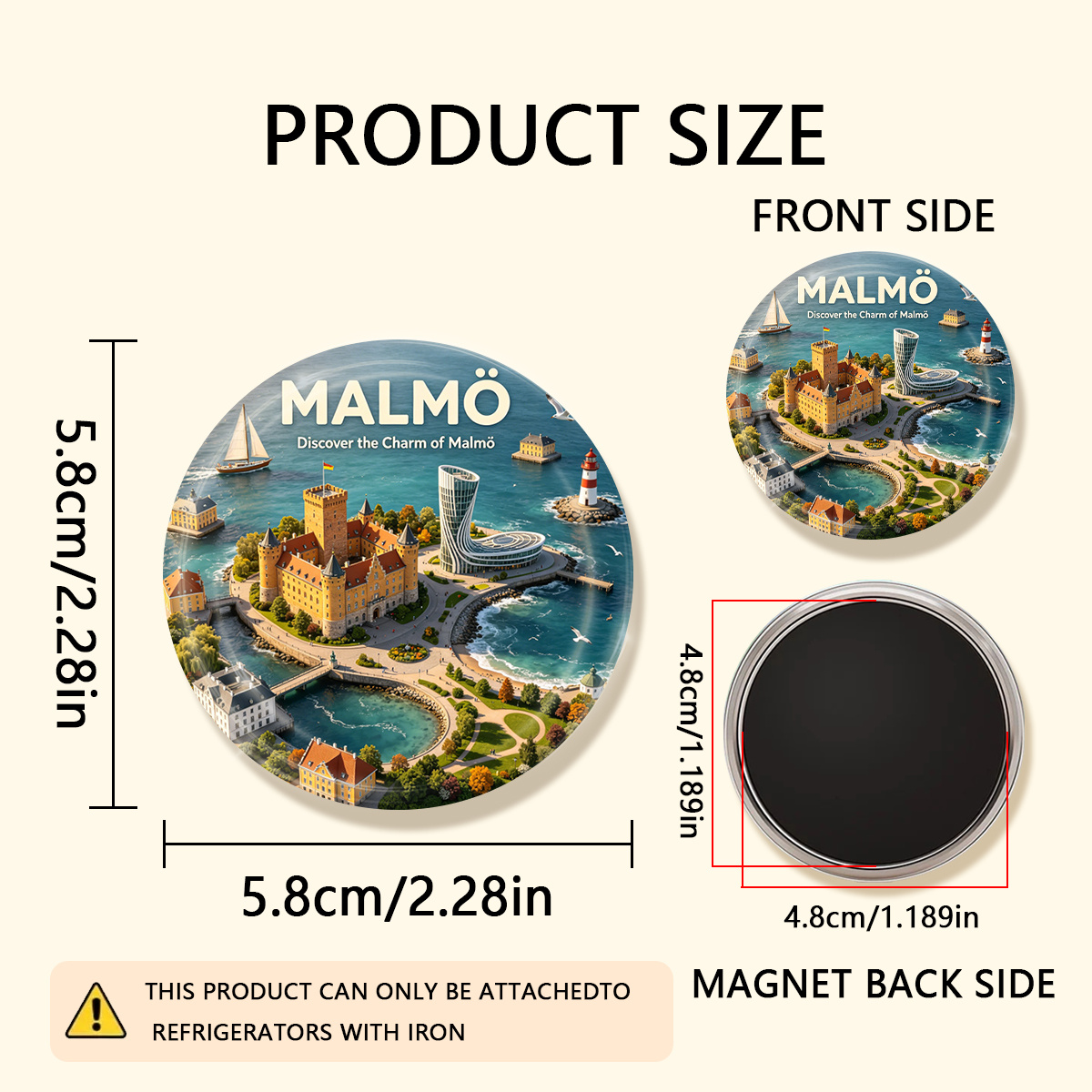 TEMU 1pc 2d Flat MalmÃ¶ " Of " Durable Round Fridge Magnet, Suitable For To Refrigerators, Whiteboards, Handicrafts, Photos, Stickers, Postcards,