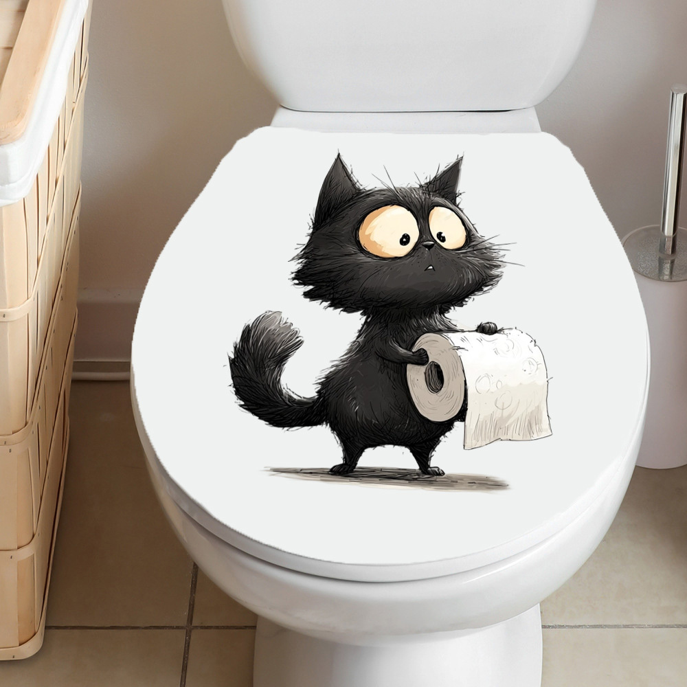 1pc Black Cat Toilet Cover | Self-adhesive, Semi-matte Plastic Decoration For Bathroom, Suitable For Ceramic Surfaces