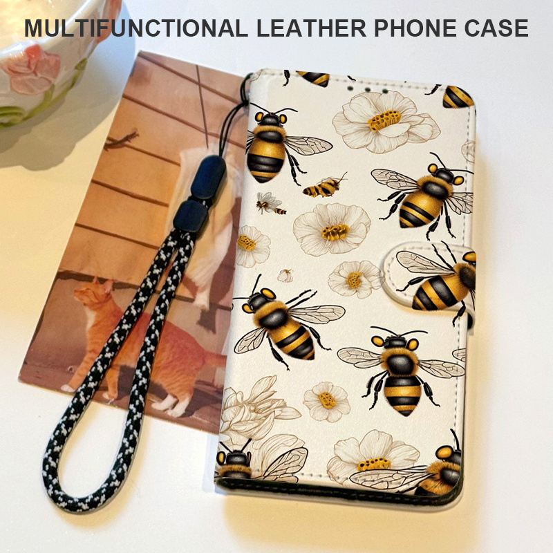 TEMU Phone Case - Floral Bee Pattern Wallet Phone Case Magnetic Flip Cover With Card Slot, Lanyard, And Foldable Stand, Compatible With Iphone 17/17