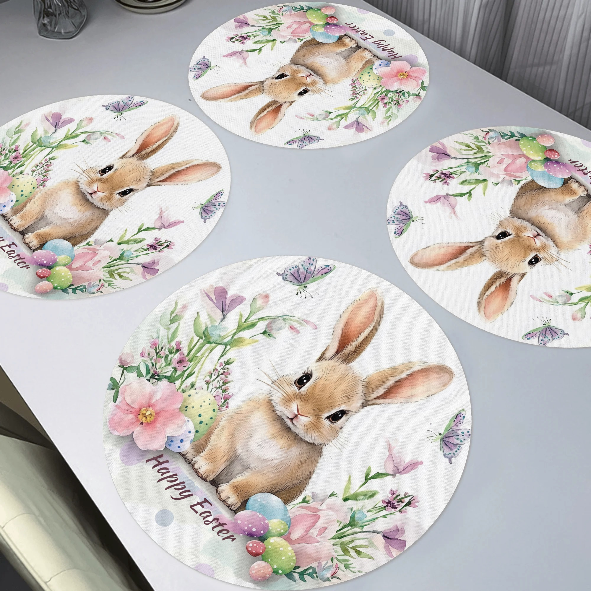 

4pcs Easter Bunny Placemats, Woven Polyester Round Table Mats, Non-slip, Hand Washable, With Floral And , For Home Decor, Kitchen, Banquet, Party Dining Decoration