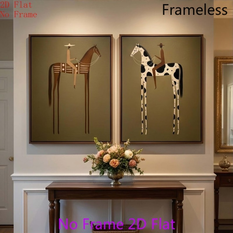 TEMU 2d Flat, 2pcs Modern Minimalist Horse Wall Art - Neutral Olive Green Cowboy Paintings, Vertical Retro Suitable For/ Decor, Unframed Canvas For,