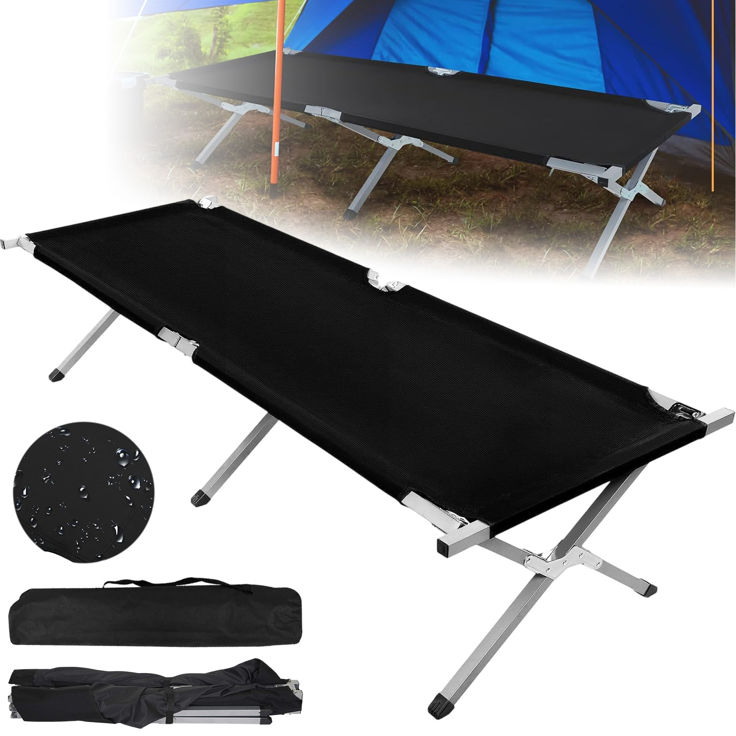 Folding Camping Bed Oxford Fabric, 130kg Load, Portable Single Cot With Storage Bag For Camping Fishing