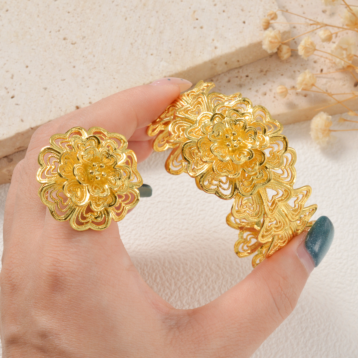 Middle Eastern Vintage Floral Patchwork Bangle & Ring Set