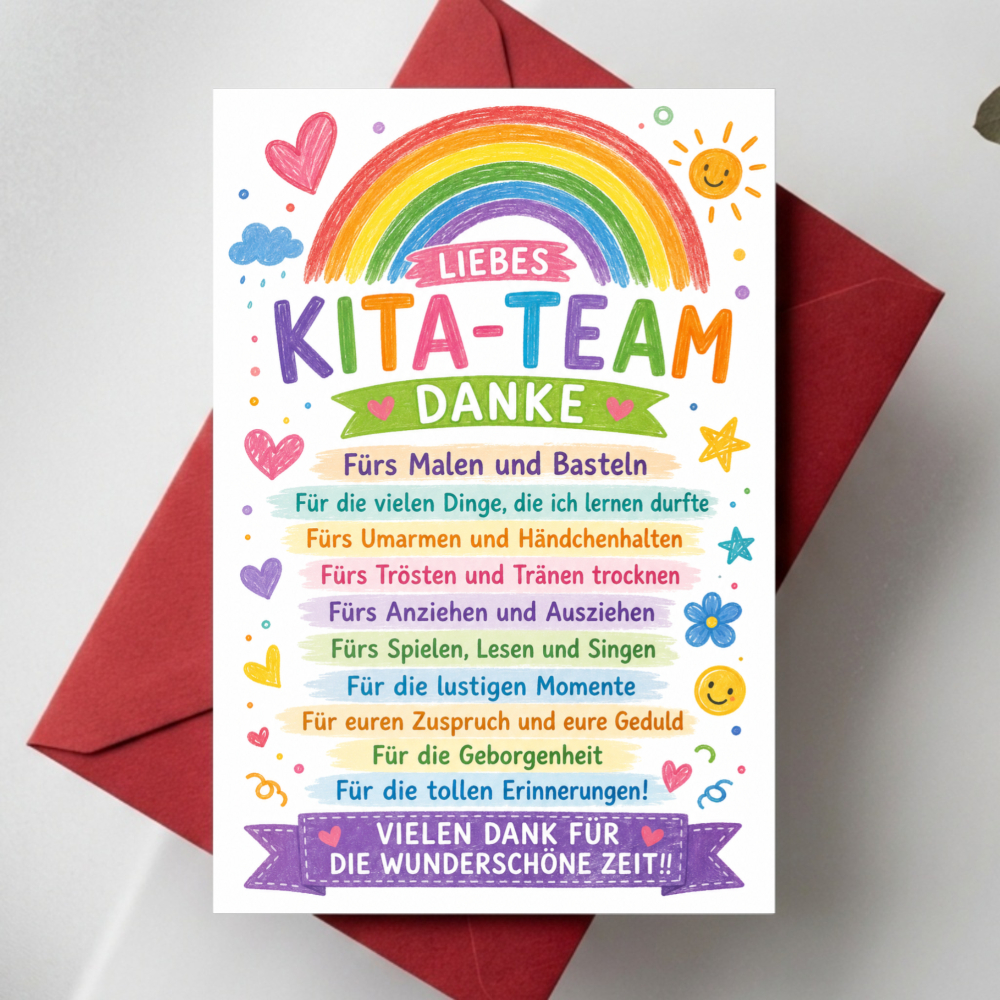 Rainbow Heart And Thank You Card For Kindergarten Staff With Colorful Text And Flowers For Parents Teachers And Caregivers For Graduation Farewell And Appreciation Events