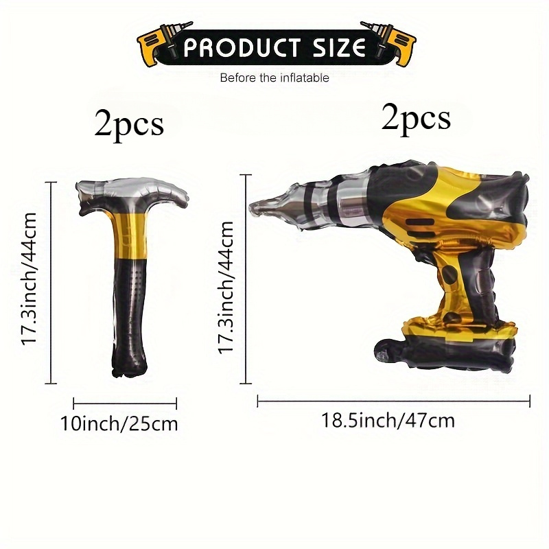 Image of 4pcs Power Tool Drill & Hammer Shape Foil Balloons, Birthday Construction Theme Balloon Set, Self-sealing, For Diy Handyman Party Decorations, Applicable Age 10+, For Halloween, Christmas