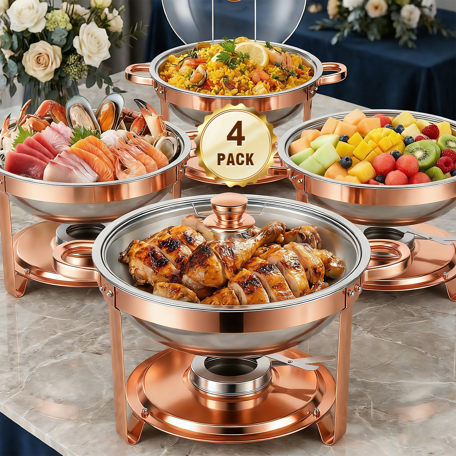 Image of 5qt Chafing Dishes For Buffet, Rose Golden, 2/4/6pcs Chafing Dish Buffet With Full Size Pan And Glass Lid, Rolled- Food Warmers For Parties, Buffet, Wedding, Birthday, Camping, Cooking