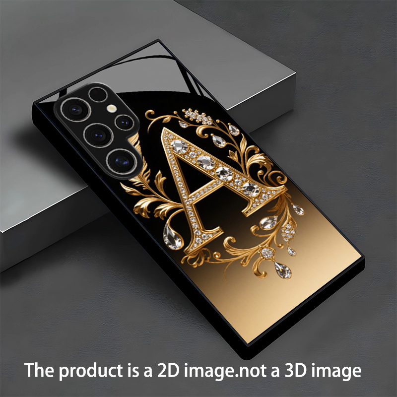 TEMU Phone Case: Creative And Ornate Golden-tone Glass Phone Case With Diamond-encrusted Feather-patterned Letter "a" Design. Suitable For And
