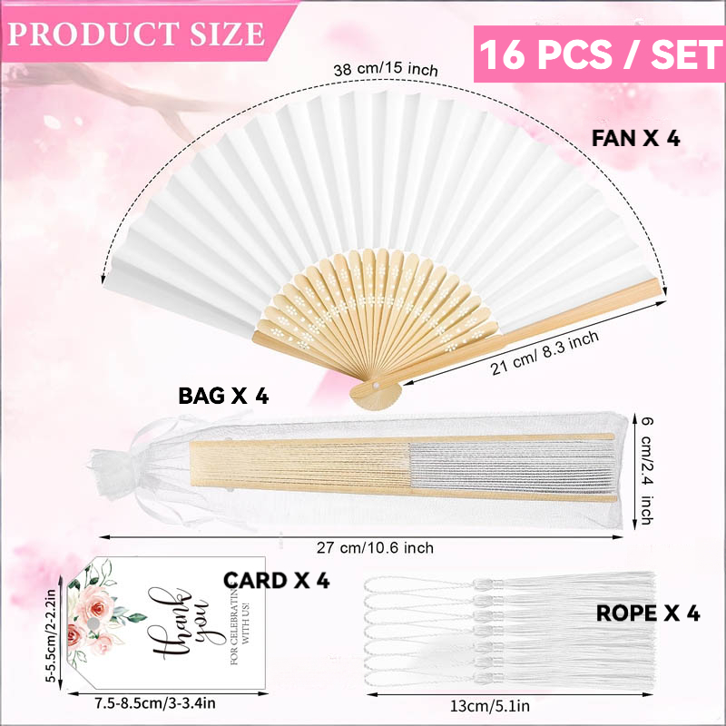 TEMU 8pcs (2 Sets) / 16pcs (4 Sets) Stacked Fans Wedding Fans Bamboo Hand Fans, With Thank You Cards, Tassels And Gift Bags, Suitable For Wedding