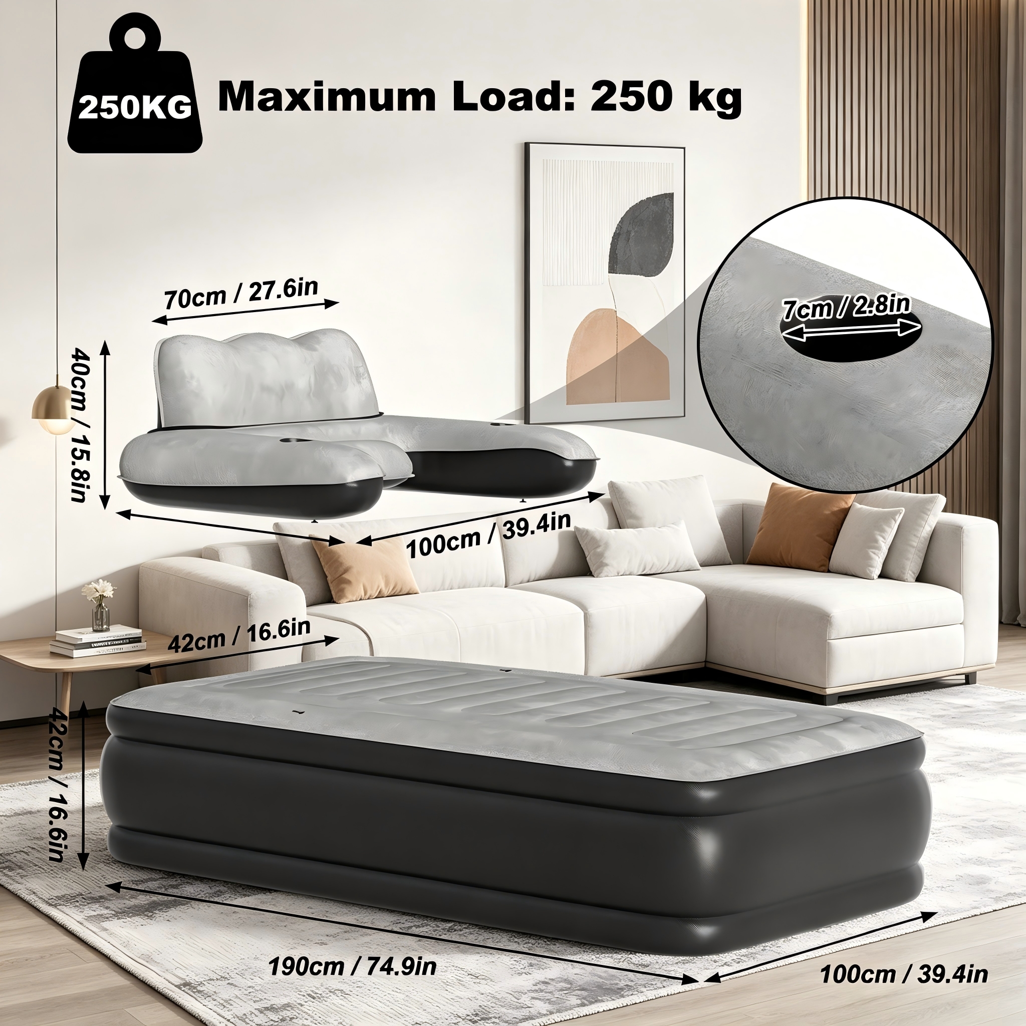 Self-inflating Camping Air Mattress With Built-in Electric Pump, Carry-on Size, Includes Backrest, 190×100×42cm/195×145×42cm