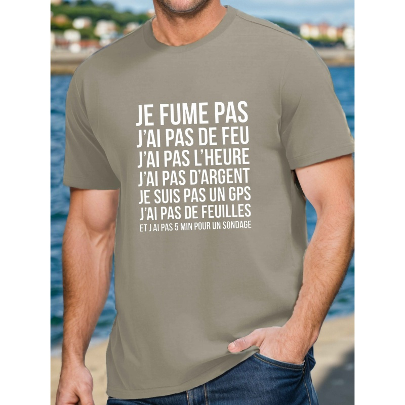 

T-Shirt Homme avec Humoristique en Français - Polyester Noir, Col Rond Décontracté, Manches Courtes, Haut d'Été à Motif Géométrique - Lavable en Machine