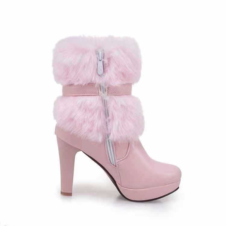 Women'S Winter Warm Fleece-Lined Ankle Boots with Plush Furry Collar & Bowknot - Chunky Heel, Round Toe, Zipper Closure, Lightweight Durable PU Cover, Cushioned Insole & Arch Support - Elegant Cold-Proof Boots for Outdoor Walking, Casual & Formal Ou