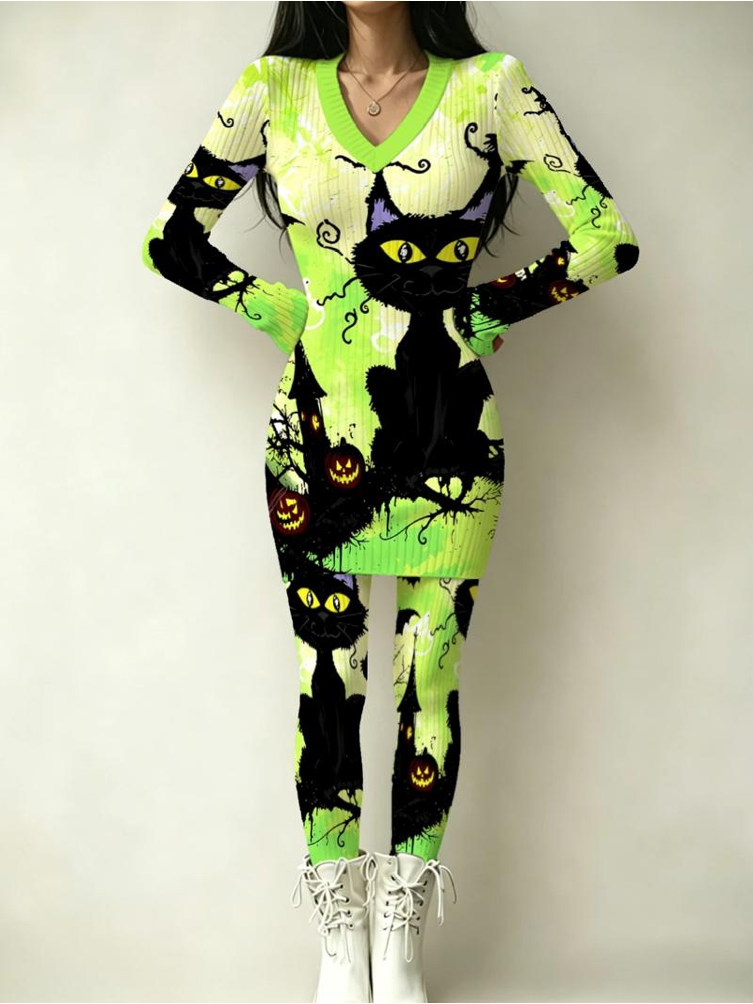 womens trick or treat dress set neon green halloween black cat and pumpkin dress set cute and casual leggings and   2pcs set