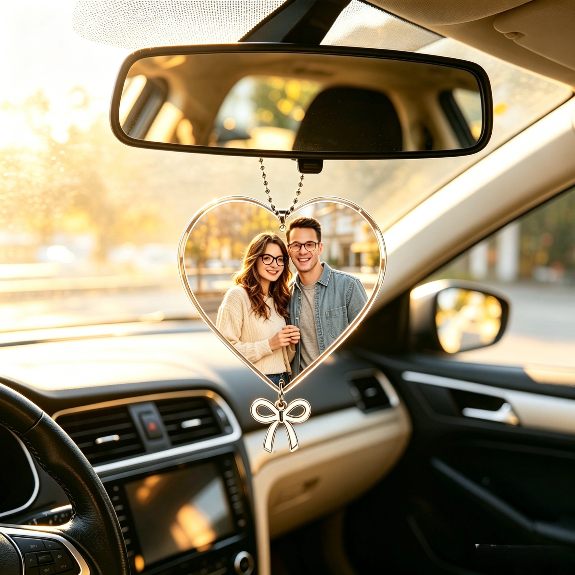 TEMU 2d Flat, Custom Photo Heart Car Ornament, Personalized Picture Acrylic Car Rearview Mirror Hanging Charm, Customized Couple Photo Car Pendant