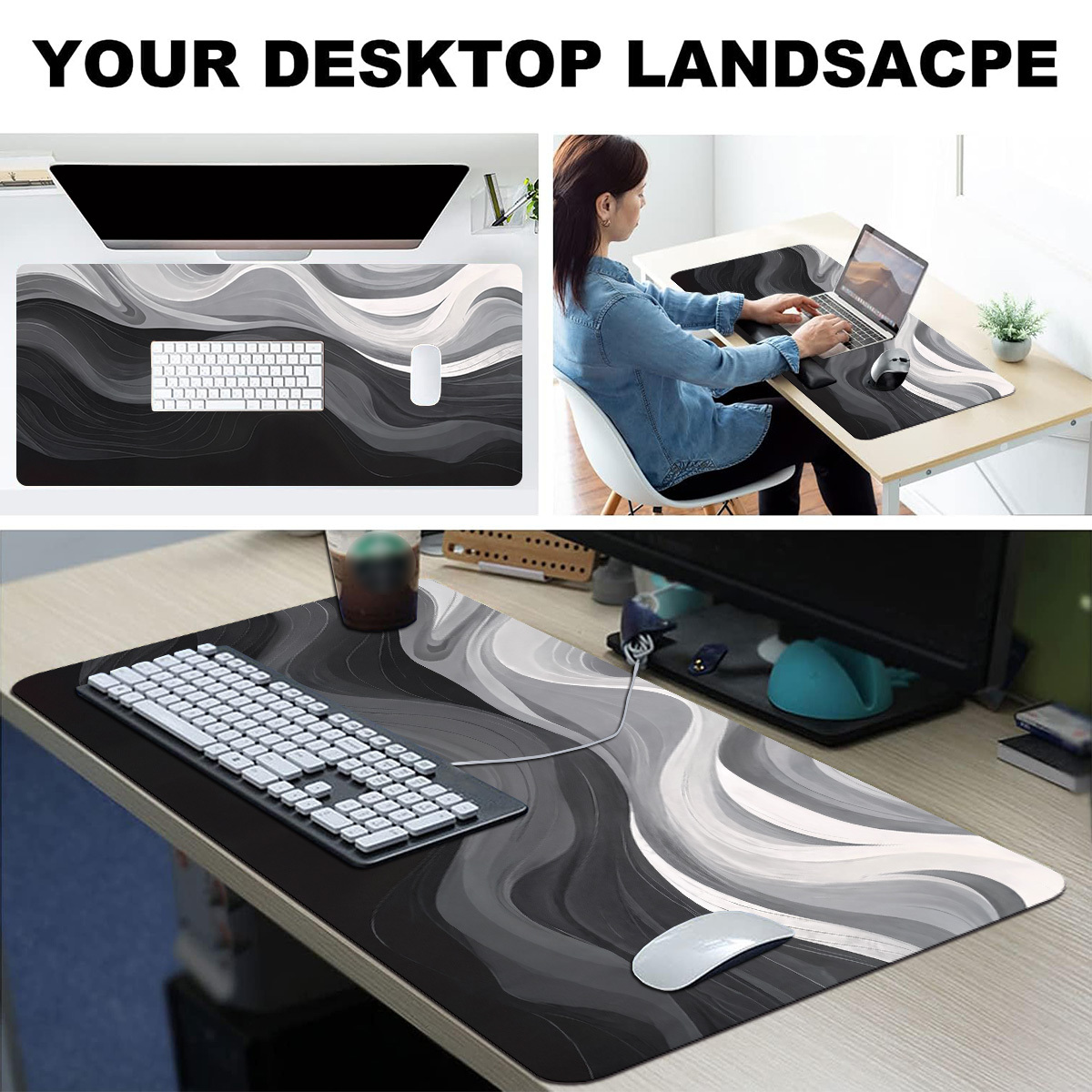 1pc extended gaming mouse pad and pc desktop keyboard pad black white and gray striped stream of   pattern laptop protector study desk mat durable non slip base high definition printing multiple sizes   xl xxl Product details 8