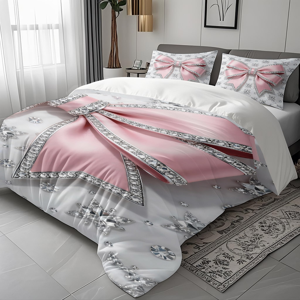 TEMU Un ensemble de literie rose élégant avec un motif de nœud tendance, disponible en plusieurs tailles. , pour , confortable et chaud, lavable en