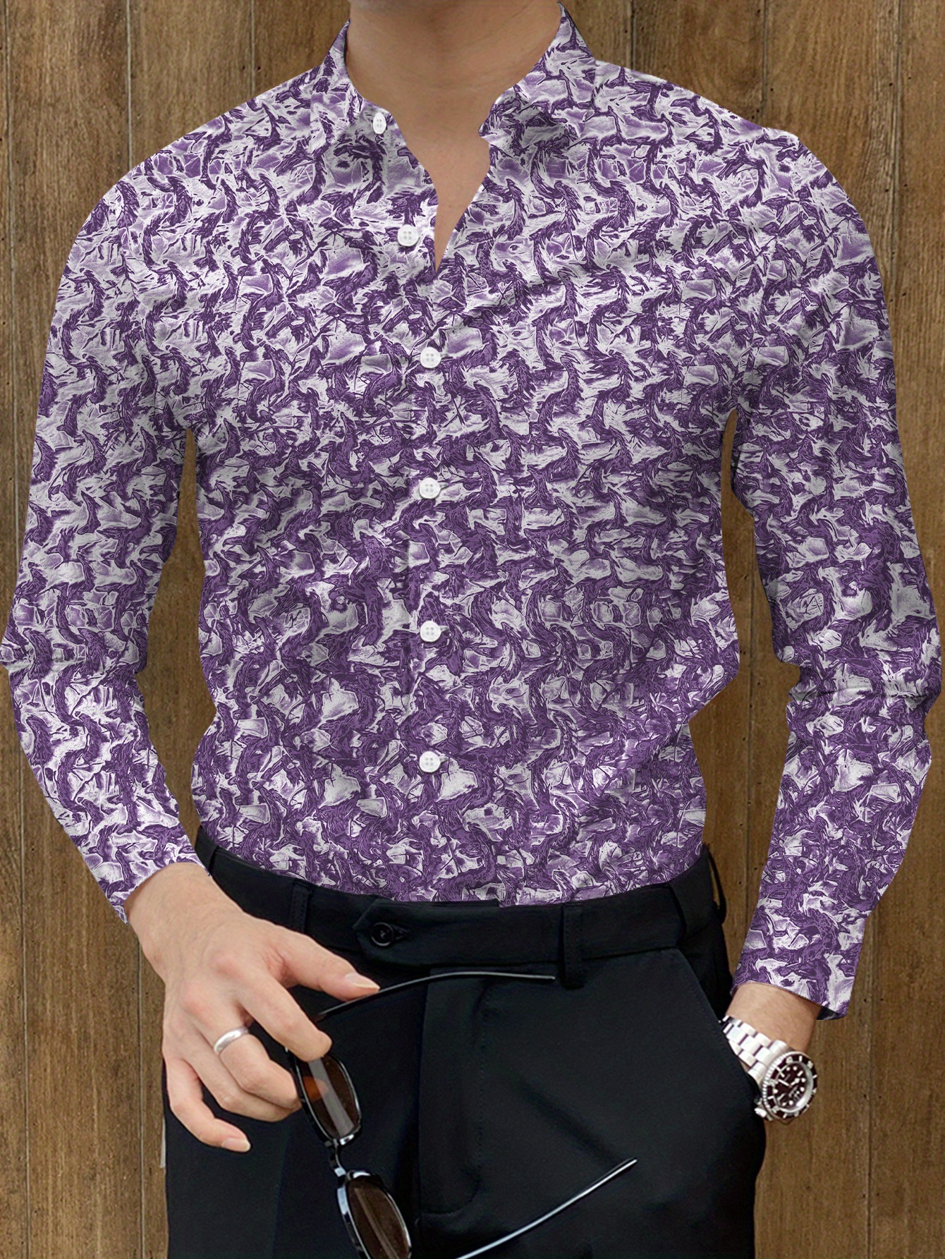 mens purple floral print long sleeve dress shirt regular fit Temu