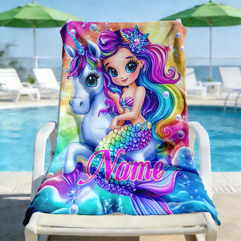 TEMU 1pc / Customizable Name --- Mermaid Unicorn Pattern Beach Towel, Flat Print, Cartoon Design, Lightweight And Quick-drying, Machine Washable,