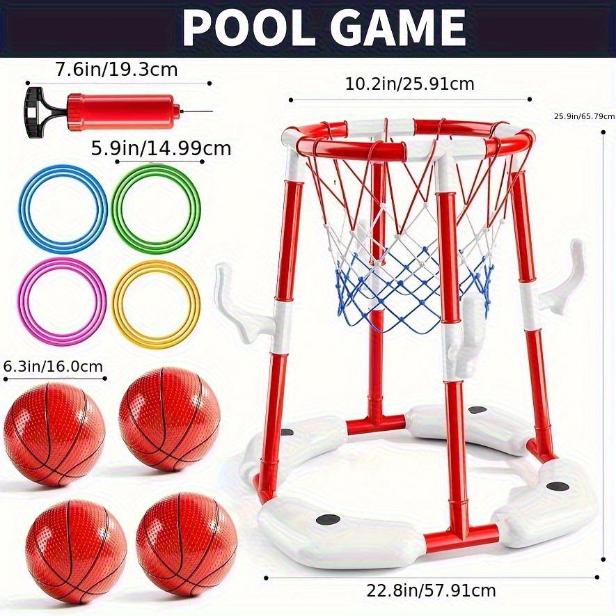 A Rotating Pool Basketball Stand with a Panoramic View, Featuring a Dual-Mode Competitive Water Circle, Complete with 4 Blue Balls And 12 Colorful Rings, Making It an Ideal Gift for Sports Lovers.