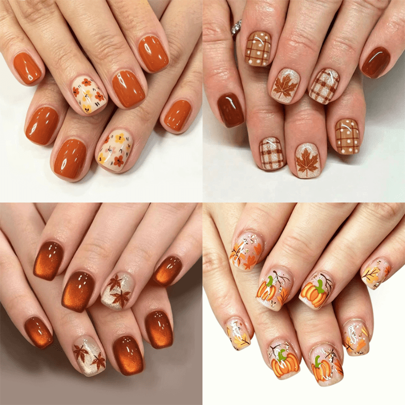 TEMU 96pcs Glossy Short Square Press-on Nails Suitable For Women's Fall Autumn Fake Nails With Hand-painted & Pumpkin Plaid Design, Full Coverage