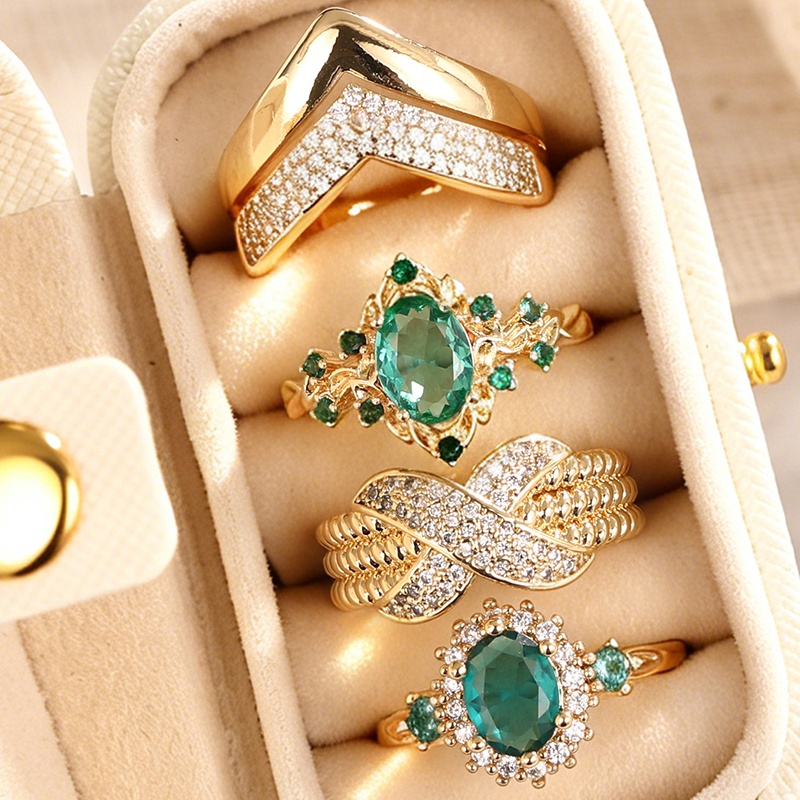 TEMU 4pcs Joyhers Retro Plated Green Synthetic Zirconia Ring Suitable For , Wedding Gift, /april Birthstone Wedding For Banquet Festival ()