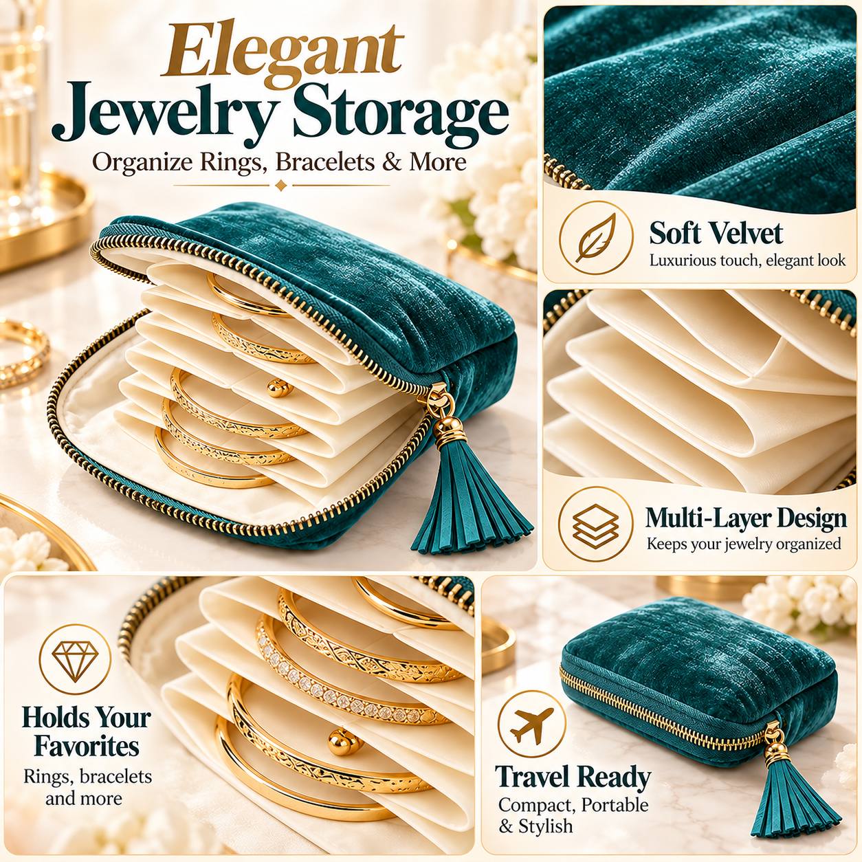 Portable Velvet Tassel Jewelry Organizer with Zipper Closure