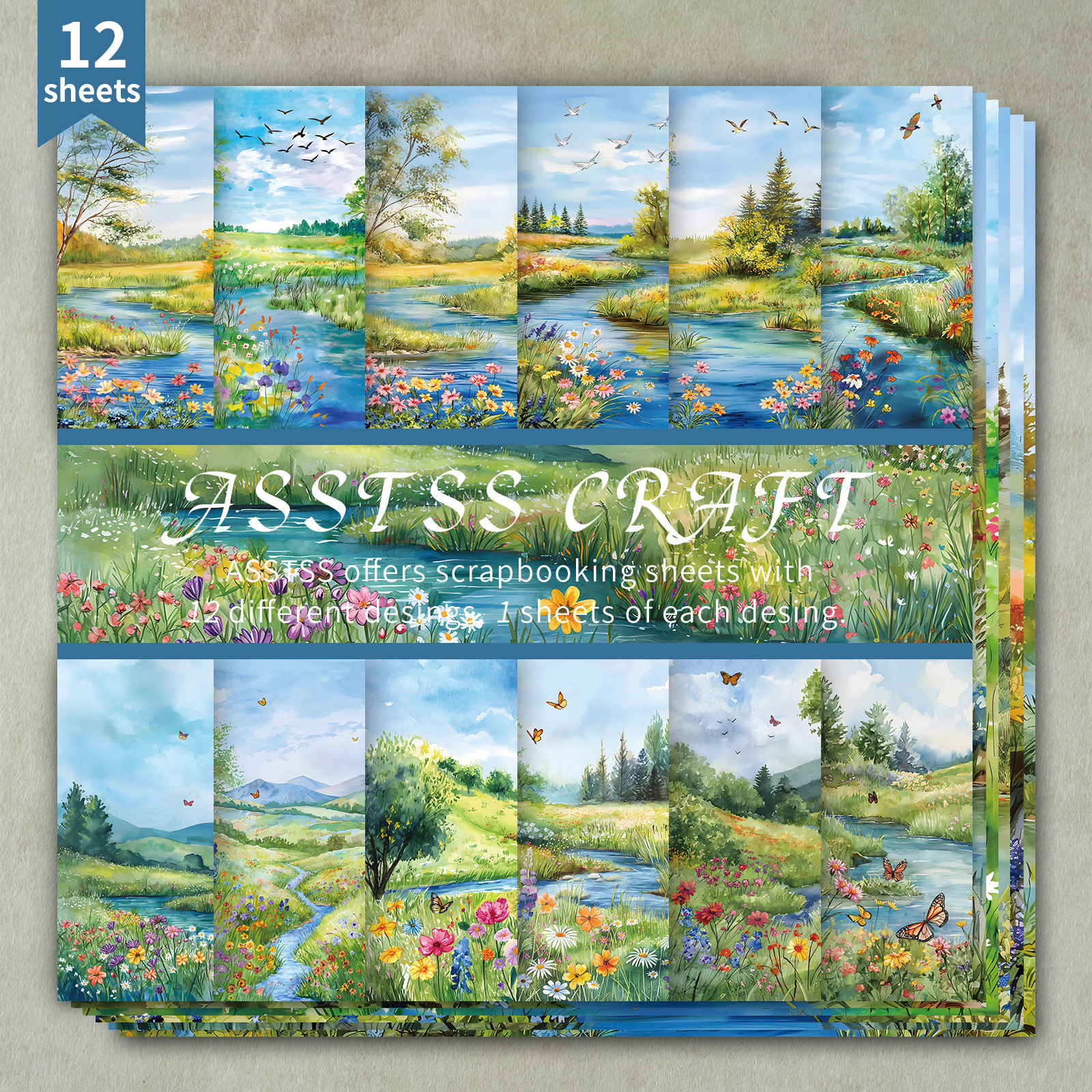 TEMU 12-sheet Asstss Scrapbooking Paper Pad, Featuring Nature-themed Watercolor Landscapes, Sturdy Cardstock Ideal For Journaling, Collage Art,