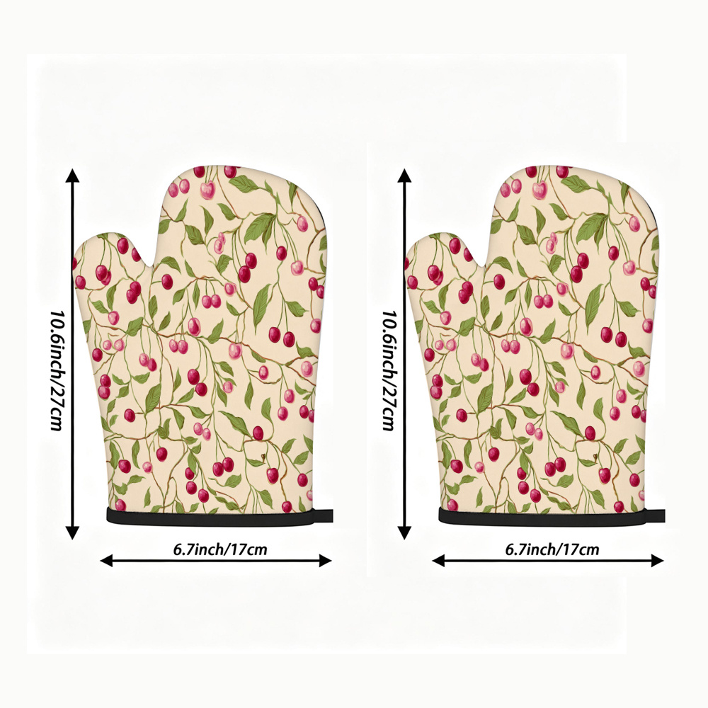 TEMU Lot de 2 maniques de four, beige avec imprimé branche de cerisier et feuille, gants résistants à la chaleur avec crochets pour un rangement