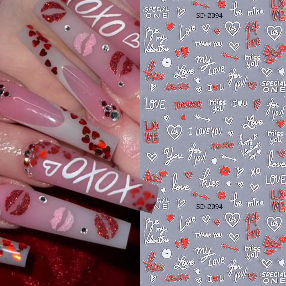 

1pc Valentine's Day : & Heart Kiss 5d Self-adhesive Nail Stickers - Matte , Easy To Apply, Women & Girls' Manicure Decor, Rectangle Shape, Cartoon Theme