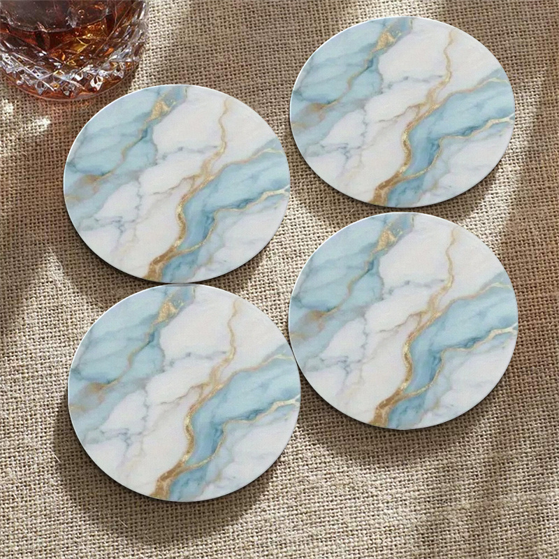 TEMU 4pcs Reclaimed Wood Marble Coasters Suitable For - Heat-resistant Table Protectors With Light Blue, White & Turquoise Marble Suitable For