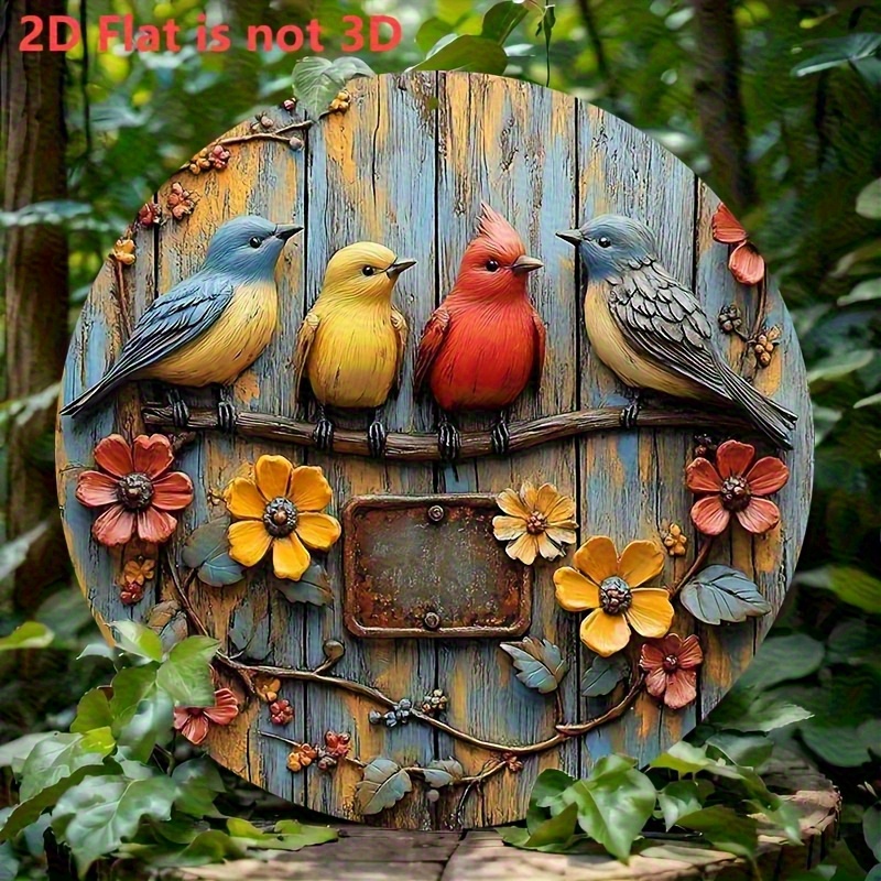 TEMU 2d Flat, 2d Flat Vintage Bohemian Style Round Wall Decor - Colorful Birds And , Bluebird, Sparrow, , Material, For Home, Cafe, Garage Outdoor