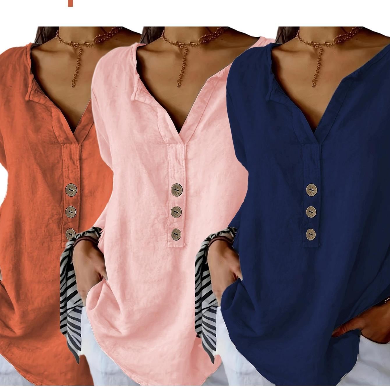 

3pcs Set In Multiple Tooluck Women' Sleeve T- V Top - Summer 2024