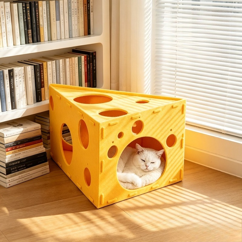 Image of Felt Cheese Shaped Cat Bed Integrated With Scratching Board, Tunnel Design, Use, Cozy Shelter For Cats