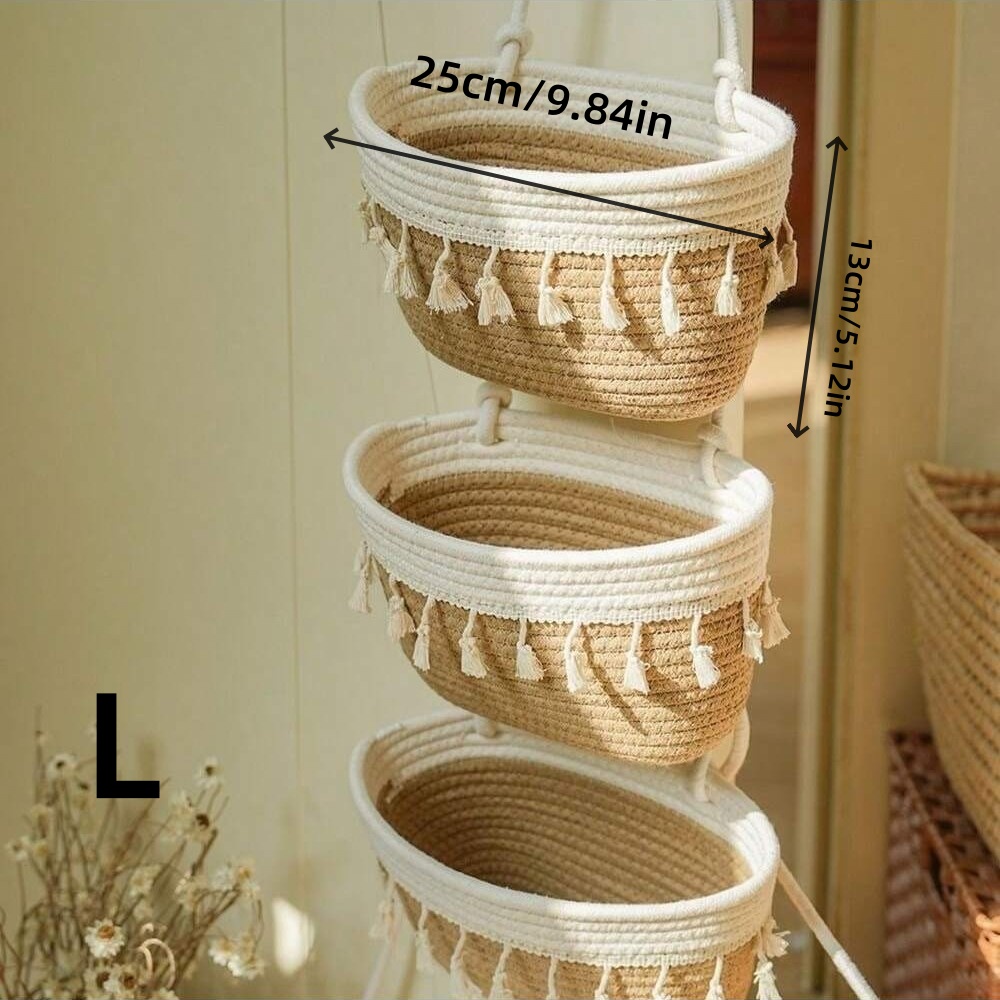 TEMU 3-tier Boho Neutral Rope Hanging Basket With Tassels, Woven Rope Wall Organizer With Space-saving Vertical Storage Shelf, Decorative Storage