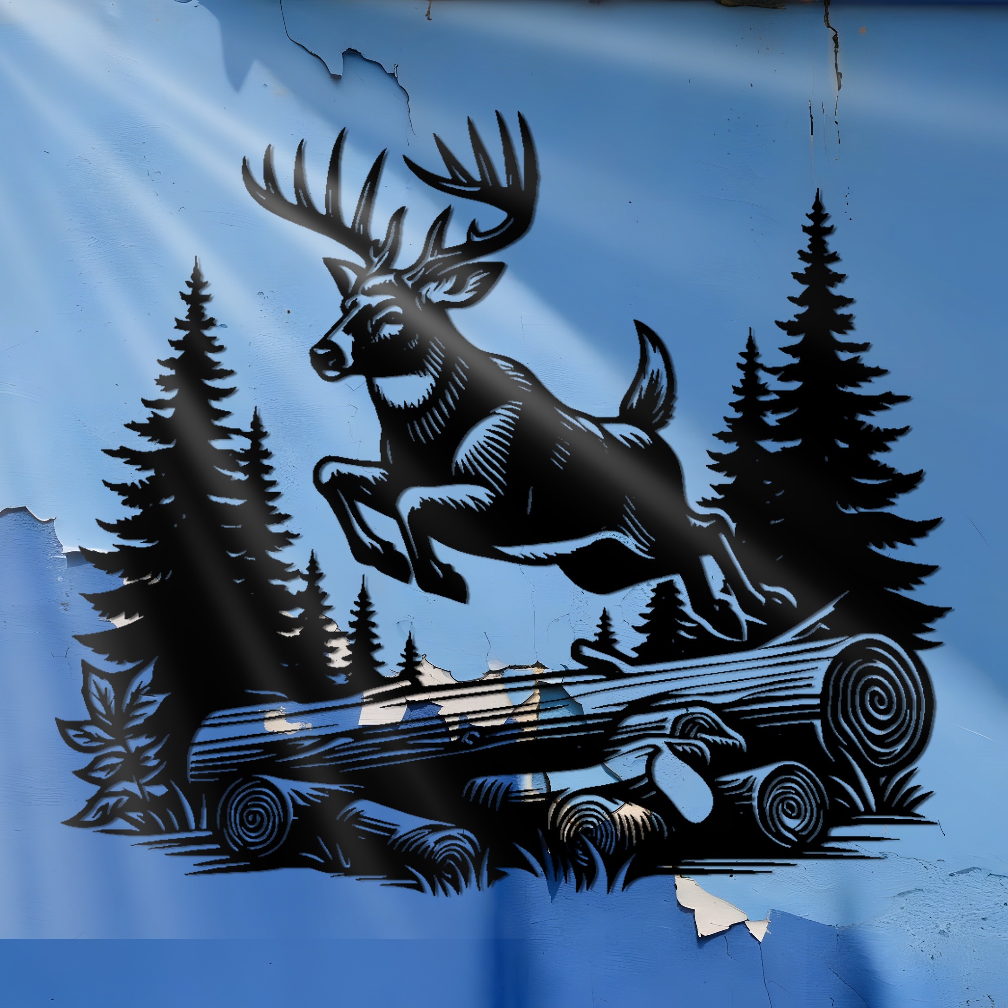 TEMU 1pc Large Horizontal Laser-cut Metal Wall Art - Leaping Deer And Black Iron Painting, Rustic Style Living Room Bedroom Decor, Heavy And Warm