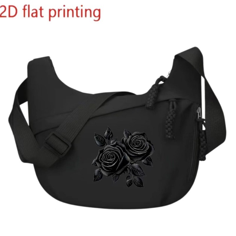 TEMU Dark Style Black Rose Print Pattern - Large Capacity Daily Casual Nylon Shoulder Bag, Lightweight Travel Dumpling Bag, Student And Daily Use -
