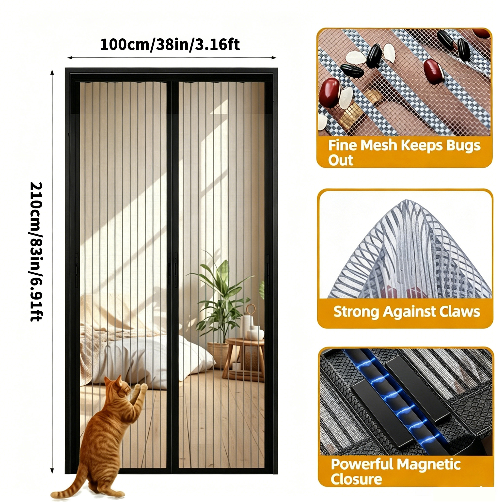TEMU Heavy-duty Magnetic Screen Door With Sliding System - Suitable For Bugsproof & Pet-friendly Panel Door, Hook-and-tape Hanging With Magnetic Snap