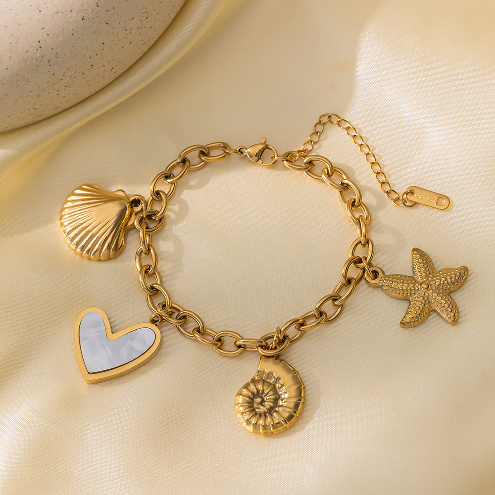 Image of 1pc Of Elegant Stainless Shell Starfish Conch Design Golden Bracelet For Women, High-end Feel, , Trendy Summer Accessory
