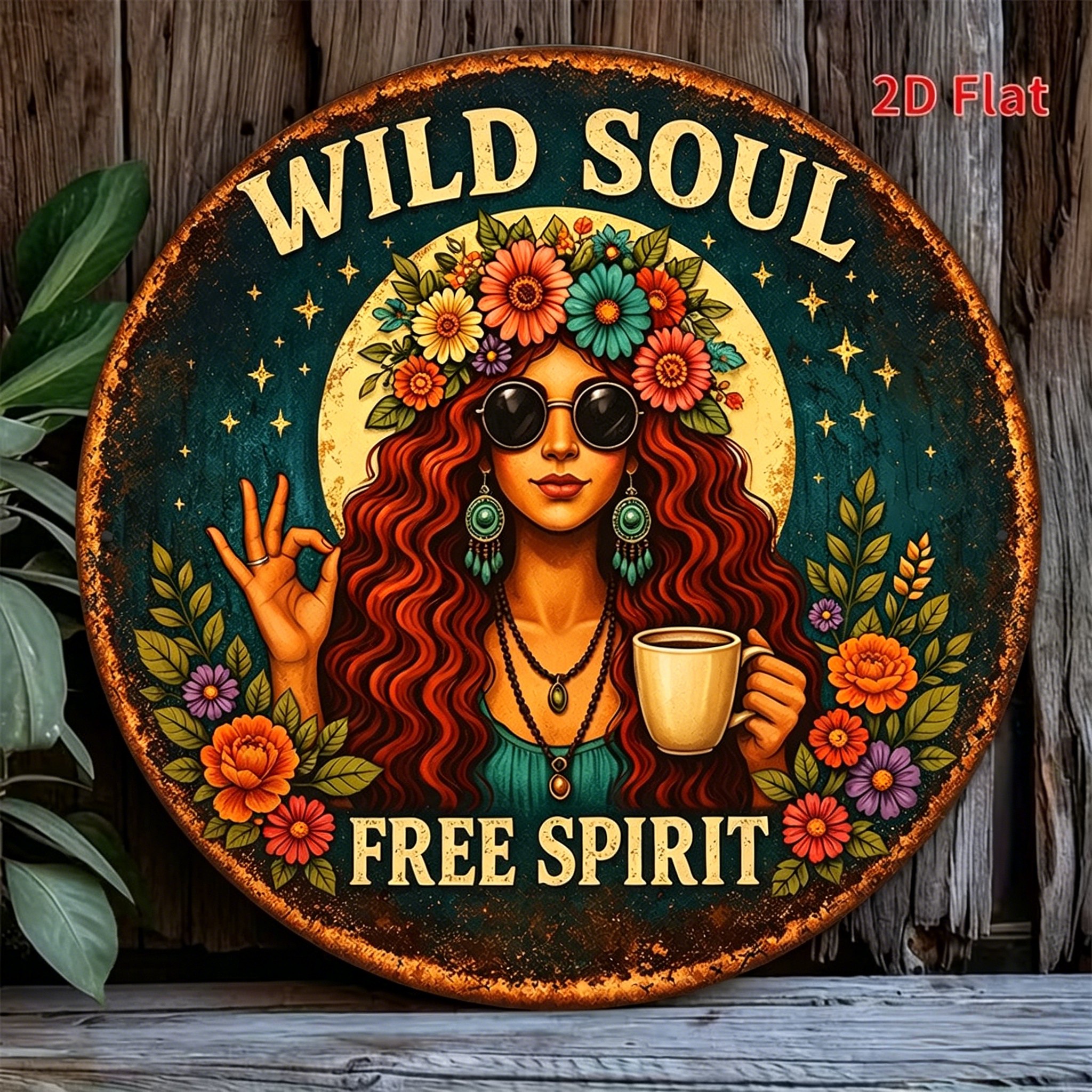 TEMU 2d Flat, 1pc Bohemian Vintage Round Wooden Wall Plaque " " - Hippie Suitable For,, Festival & Decor - Artificial Hanging Sign With Quote, Retro
