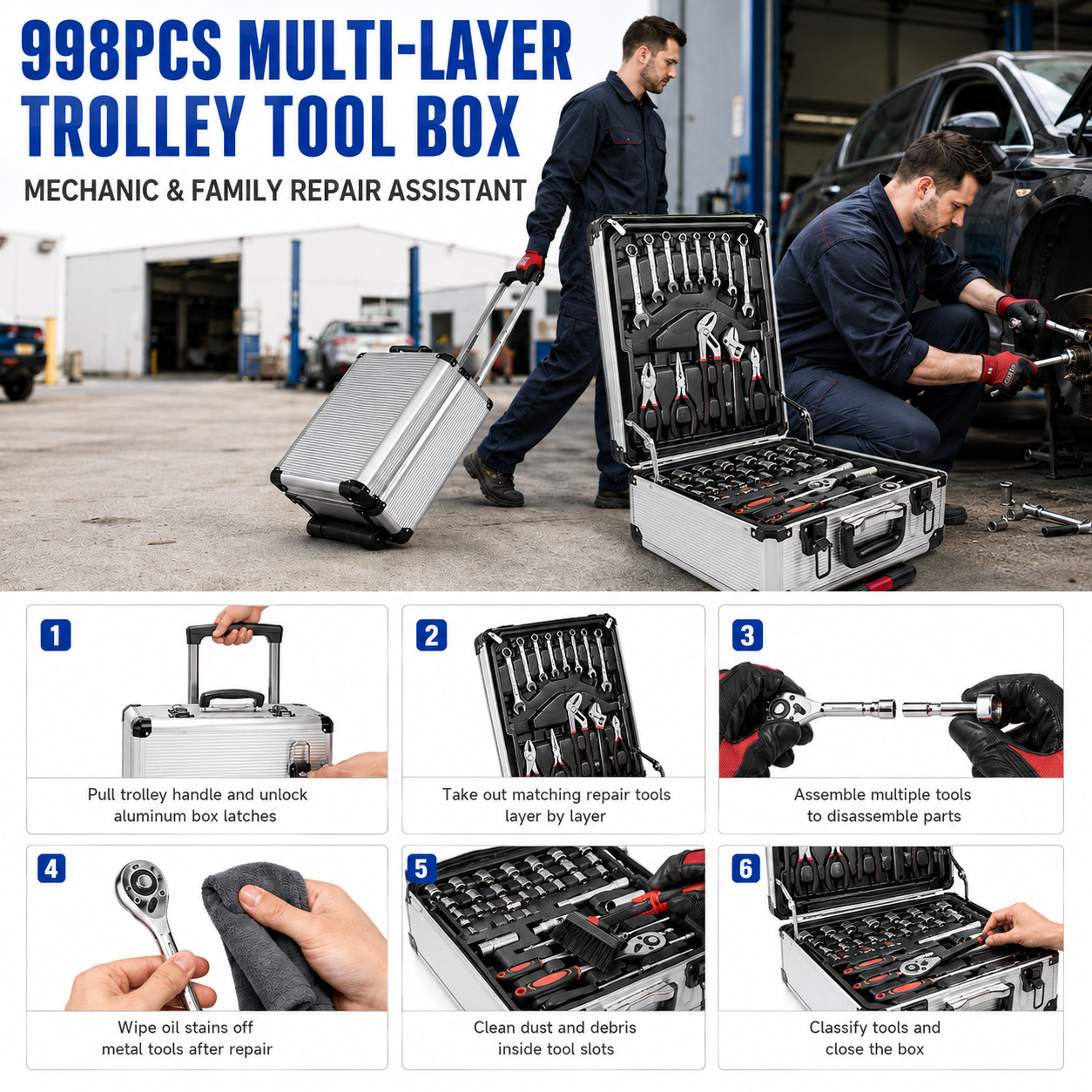 998/42pcs complete auto repair tool set, aluminum trolley tool box on wheels, professional mechanic tool kit,     tools, ratchets, wrenches, sockets & pliers for auto repair, garage, workshop,   maintenance Product details 2