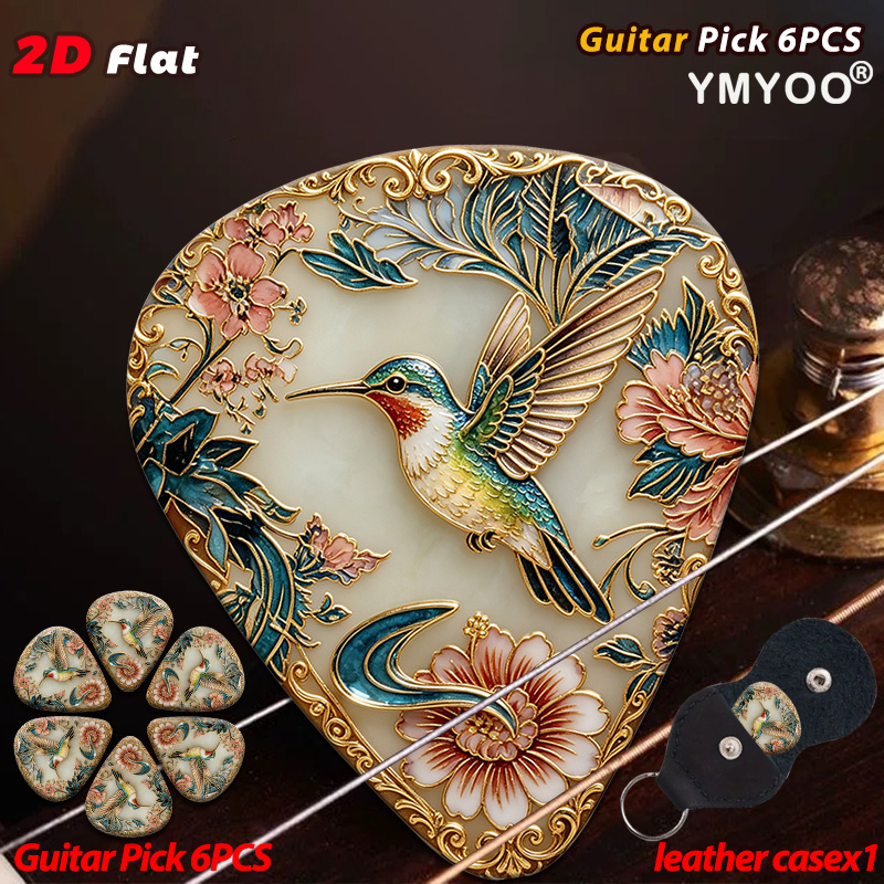 TEMU 2d Flat 6pcs Guitar Picks Guitar Pick Set Featuring Elegant Hummingbird And Floral Patterns Perfect For Music Lovers And Guitar Enthusiasts, 2d