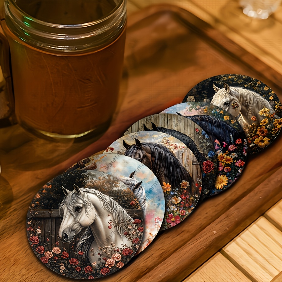 TEMU A Set Of 6 Wooden Placemats Featuring 2d Floral Designs And Horses, Multifunctional And Non-slip Coasters, Kitchens, Dining Tables, Countertops,