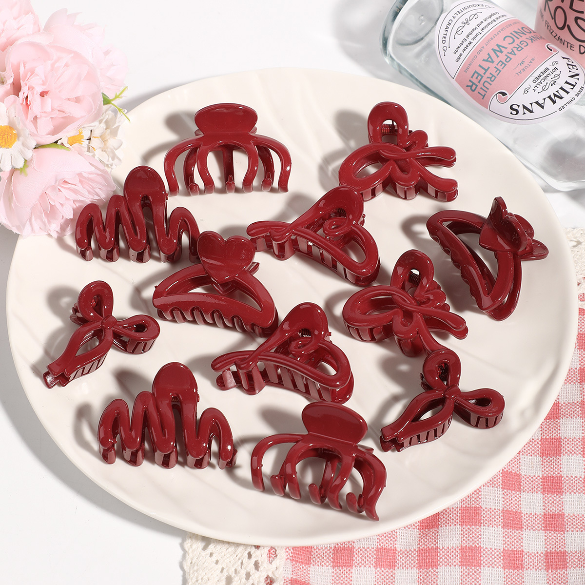 TEMU Set Of 12 Stylish Vintage Red Hair Clips For Women, Perfect For Half-up Hairstyles With Side Bangs, Ideal For Parties, Christmas, And Halloween