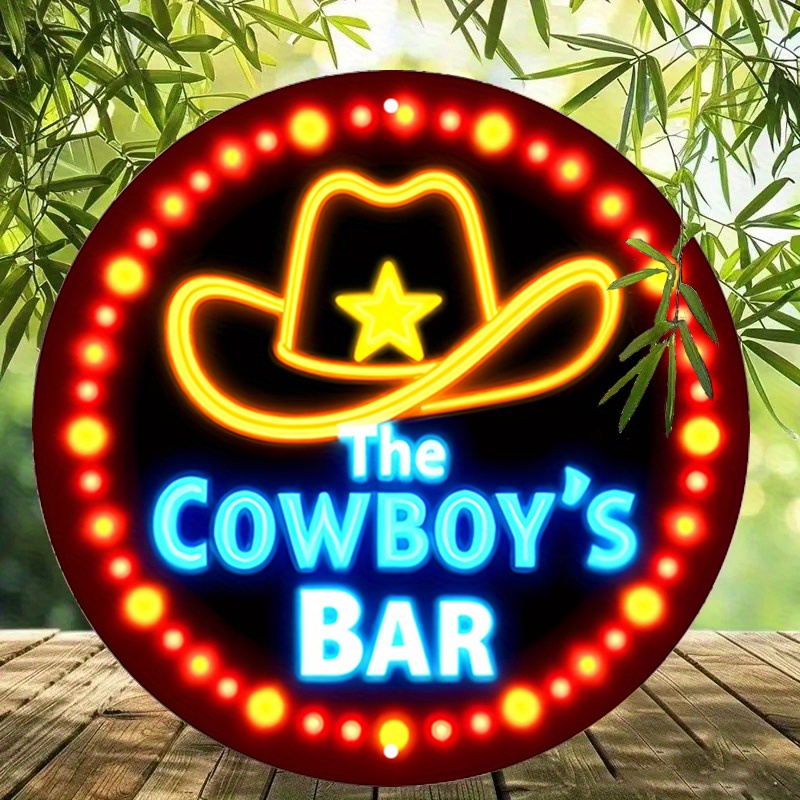 TEMU Plaque Lumineuse 2D - Chapeau de Cowboy Western Rétro - Décoration Murale Ronde en Bois, Design "Saloon", pour Bar, Café, Villa de Plage, Jardin