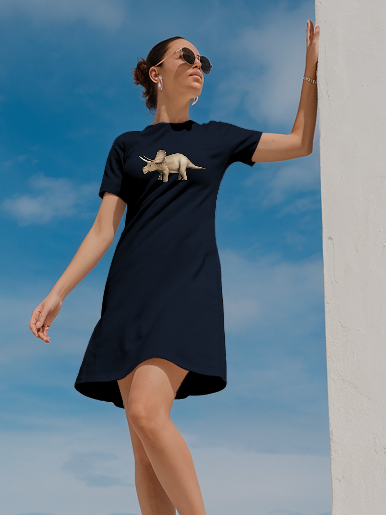 women's black dinosaur graphic t-shirt dress - short sleeve round neck  casual loose fit knee-length dress with tea-rex print, breathable  spring/summer machine washable, summer outfit, design, stretchy fabric |  High-quality & Affordable |
