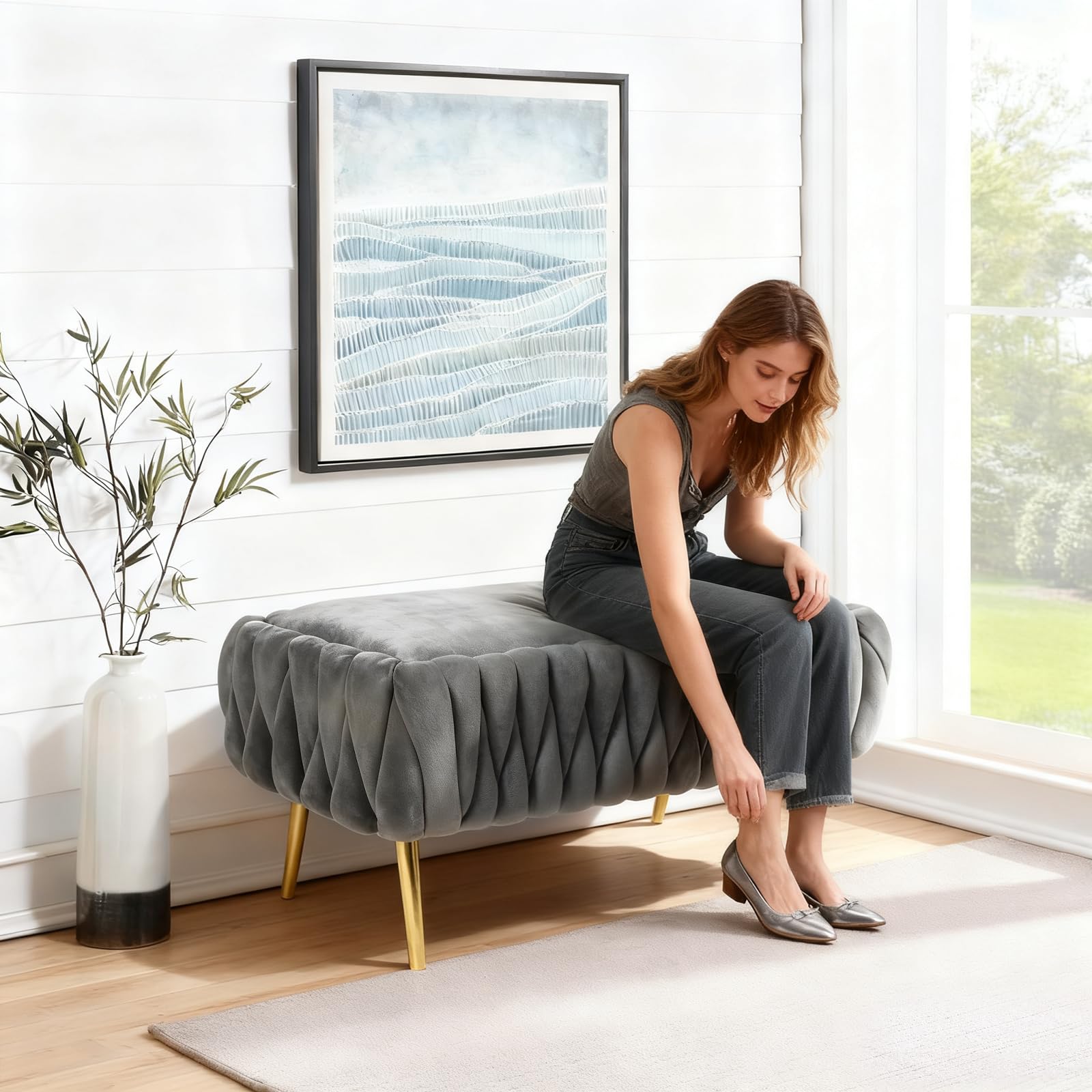 Bench With Storage, Storage Bench, Velvet Daybed With Metal Legs, Upholstered Bench, Low Bench For Living Room, Bedroom Or Hallway, Weight Capacity Up To 300 Kg, 105 X 20 X 44 Cm (grey)