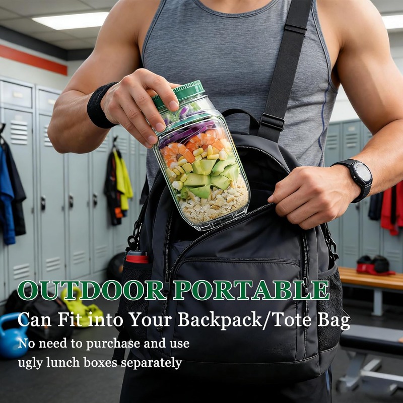 Mason Jar Salad Container, Side Opening, Convenient Lunch Container with Condiment Holder, Microwave, Dishwasher, and Refrigerator Safe. Ideal for Lunch, Dinner, Office, and Travel. A Practical Kitchen Gadget.