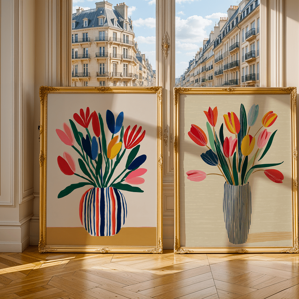 TEMU Ensemble de 2 pièces, Peinture sur toile de tulipes à imprimé | Affiche rétro, cadre, Idéal pour la décoration du salon et la esthétique de à